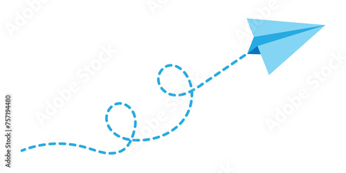 Paper plane with dotted line travel and route symbol in line style, Origami paper airplane, Black linear paper plane icon.