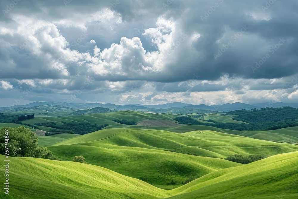 A photo of a vibrant, verdant field with grass swaying in the wind, set against a backdrop of clouds, Panoramic view of rolling green hills under a cloudy sky, AI Generated