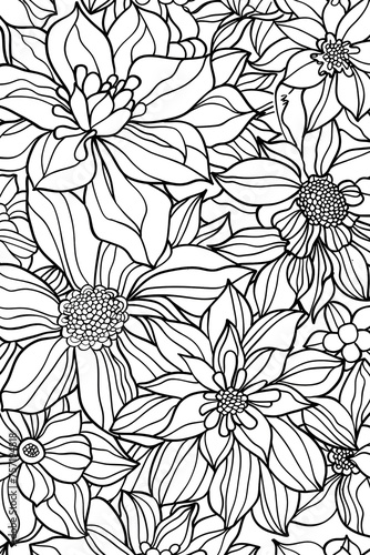 Monochrome botanical artwork showcasing a variety of flowers and leaves with fine lines and shading