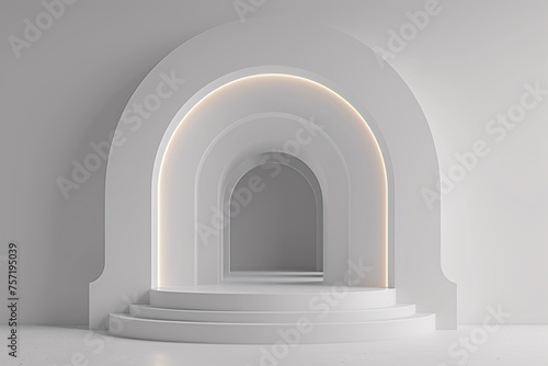 a white room with a round staircase and a round arch