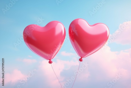 Two heart-shaped balloons, one red and one pink, floating in a bright and vibrant sky