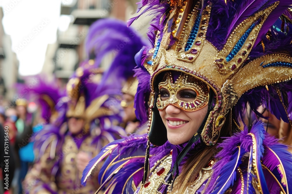 A woman wearing a vibrant purple and gold mask poses for the camera, People dressed in elaborate costumes at a Mardi Gras parade, AI Generated
