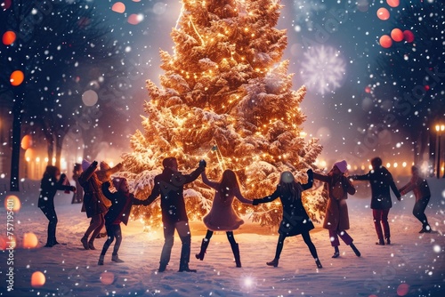 A festive group of people stand together in front of a beautifully decorated Christmas tree, People dancing around a beautifully decorated Christmas tree, AI Generated