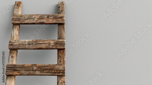 A wooden ladder leans against a weathered brick wall