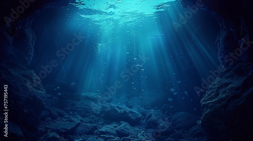 A deep abyss illuminated by the blue light of the sun under the sea