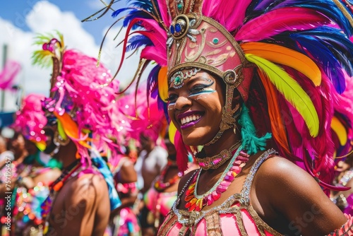 Group of People Wearing Colorful Costumes and Headdress, People dressed in vibrant costumes, celebrating the Brazilian carnival, AI Generated