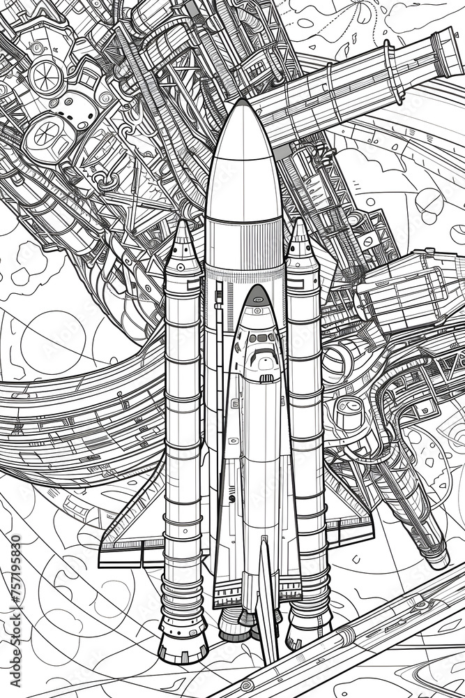 A highly detailed drawing of a space shuttle poised for launch, surrounded by intricate machinery, in a black-and-white style A highly detailed drawing of a space shuttle poised for launch, surrounded by intricate machinery, in a black-and-white style