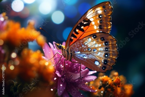 A close up of a majestic and colorful butterfly perched on a vibrant flower, surrounded by dewdrops and glimmering sunlight