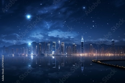 A modern city skyline at night, with the glowing street lights, illuminated buildings, and the stars shining brightly in the night sky photo