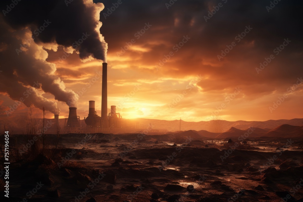 A large industrial building with a large smoke stack, surrounded by a barren landscape with a dramatic sunset in the background
