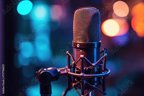 A microphone positioned in a recording studio, capturing audio with a backdrop of softly blurred lights, Picturizing the evolution of podcasting over the years, AI Generated photo