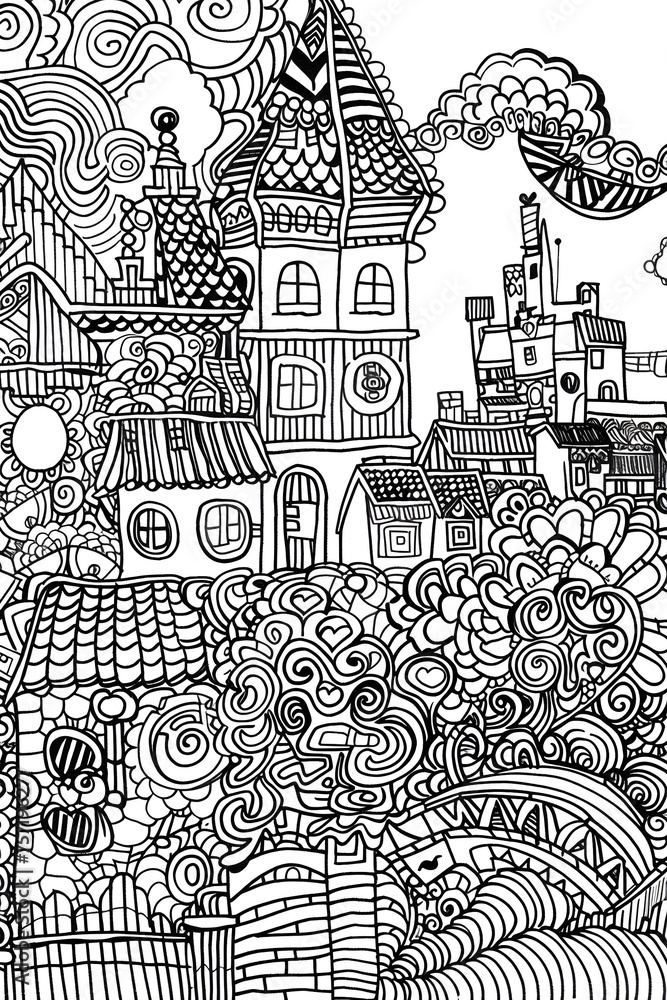 Whimsical hand-drawn cityscape full of various fantasy buildings, swirling clouds, and playful details