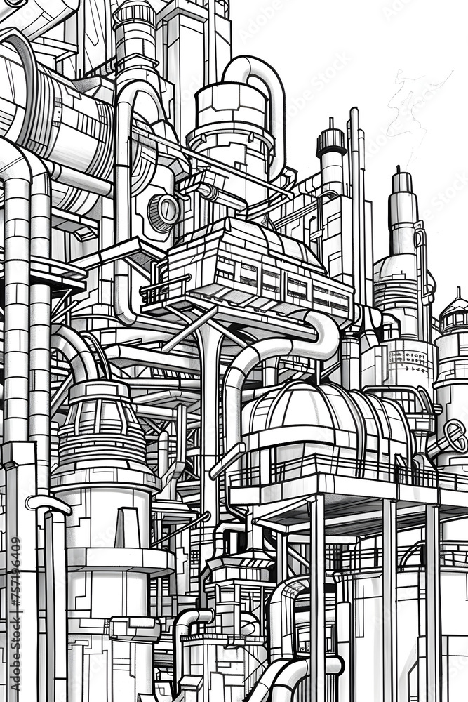 Obraz premium Dynamic pencil sketch highlighting the dense configuration of pipes, ducts, and industrial structures