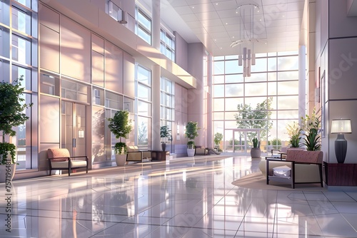 a state-of-the-art hospital lobby, with modern architecture, soft lighting, and comfortable seating, creating a welcoming and soothing atmosphere in ultra HD 16k detail. © Artistic_Creation