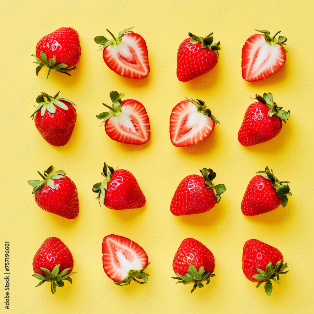 Flat lay of a bright pattern of strawberry halves. Pastel yellow background. Minimalist food concept. Generative AI Flat lay of a bright pattern of strawberry halves. Pastel yellow background. Minimalist food concept. Generative AI