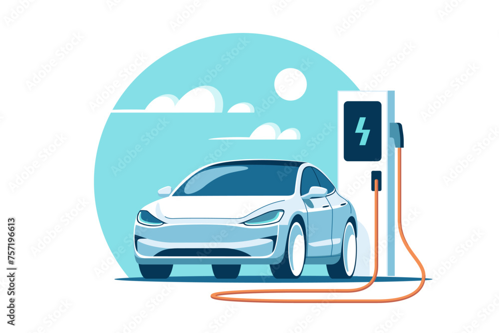 Electric car at charging station. Vector illustration in minimalist style. - obrazy, fototapety, plakaty 