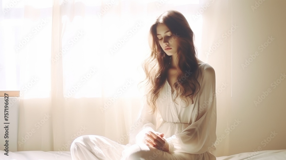 Woman Sitting on Bed in Room Woman Sitting on Bed in Room