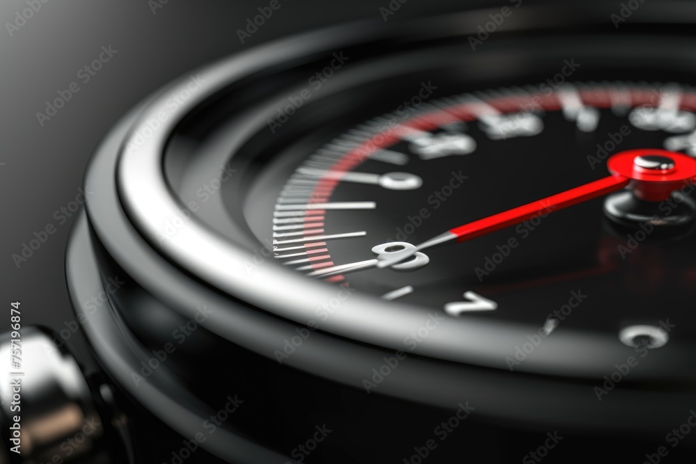 Close Up of Speedometer on Black Surface, Pressure gauge with the needle in the red zone, labeled as 'Inflation', AI Generated Close Up of Speedometer on Black Surface, Pressure gauge with the needle in the red zone, labeled as 'Inflation', AI Generated