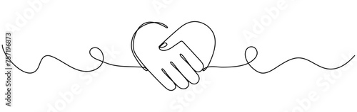 Handshake in heart shape continuous wave line drawing. Shaking hands with love concept. Business deal linear symbol. Vector illustration isolated on white background.