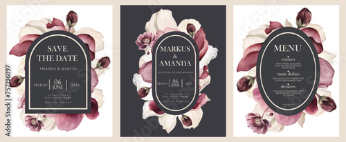Watercolor floral cards design templates with bordo and white flowers