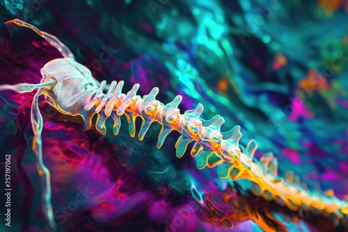 This close up photo captures a colorful fish skeleton, highlighting its vibrant hues and intricate structure, Psychedelic portrayal of a spinal cord injury, AI Generated © Ifti Digital