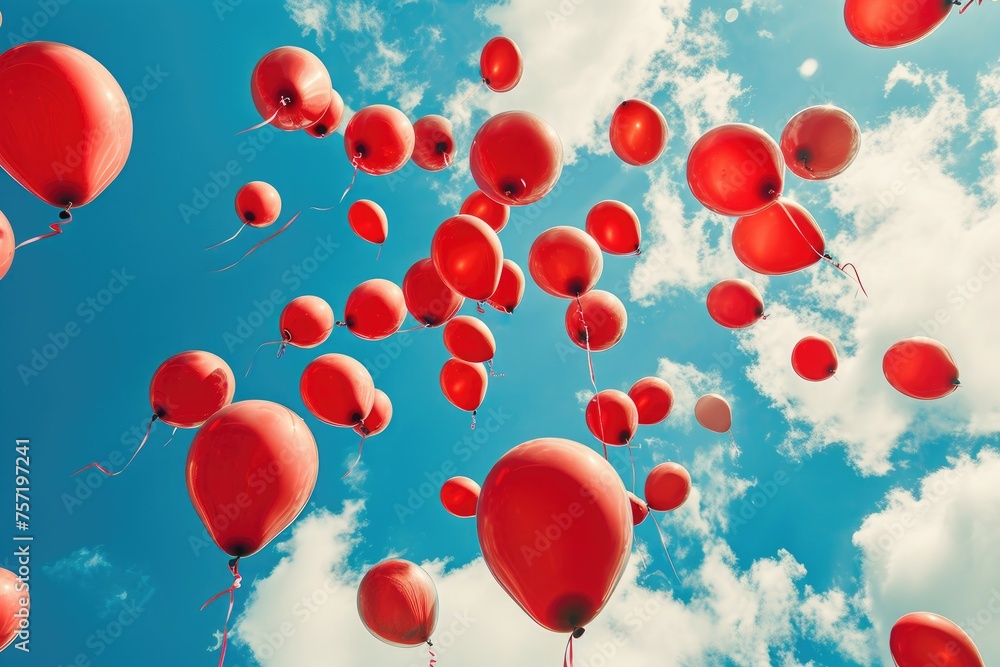 A cluster of red balloons gracefully drifting through the sky captivates the viewers attention, Quantitative easing depicted as balloons filling up, AI Generated