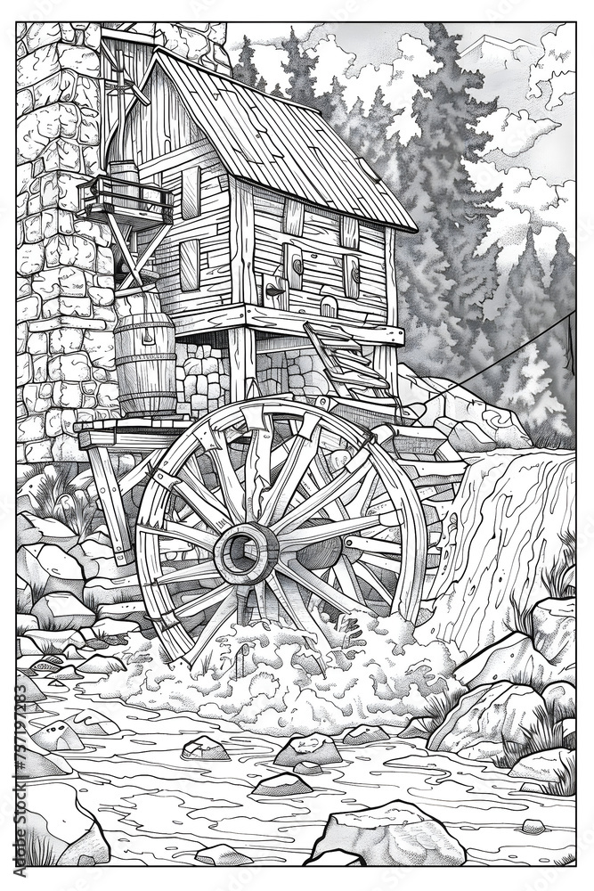 An exquisitely detailed illustration of a traditional watermill nestled in a serene forest setting, highlighting its rustic charm