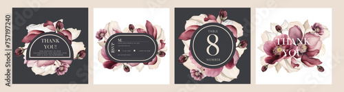Watercolor floral cards design templates with bordo and white flowers photo