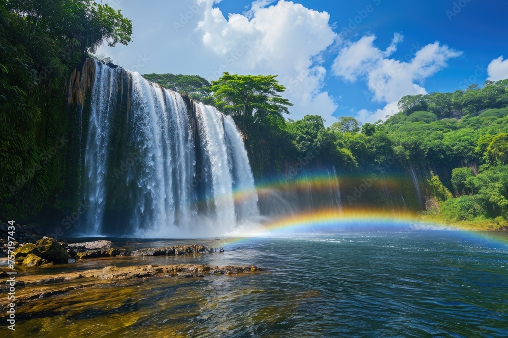 Majestic Waterfall With Rainbow in the Center, Rainbow arching over a cascading waterfall, AI Generated