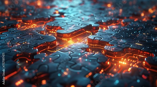 A futuristic puzzle with glowing elements. The strategy involves combining parts to get the desired result or challenge. Modern illustration. photo