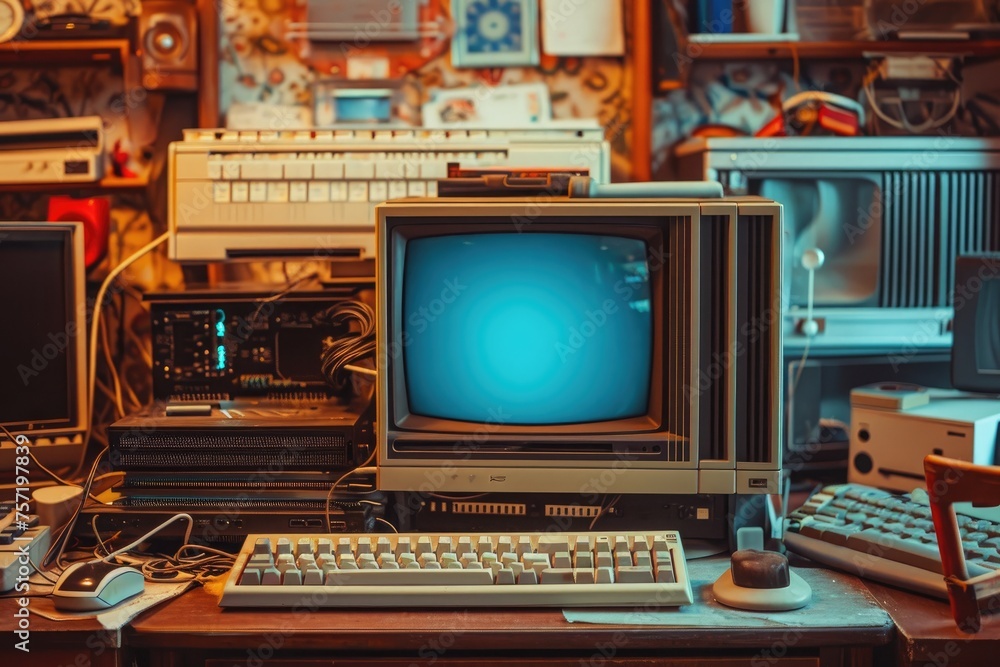 A desk featuring a computer monitor, keyboard, mouse, and a television, Retro image of an old computer setup, AI Generated