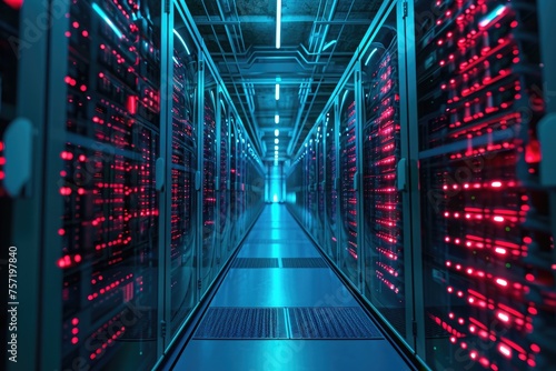 A photo depicting multiple rows of servers illuminated by red and blue lights in a busy data center, Representation of data storage using nanotechnology, AI Generated