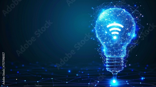 Modern 3D graphic of an abstract blue glowing light bulb and a wi-fi symbol. Smart home concept. Geometric background. Wireframe light connection structure. Modern 3D graphic. Modern illustration.