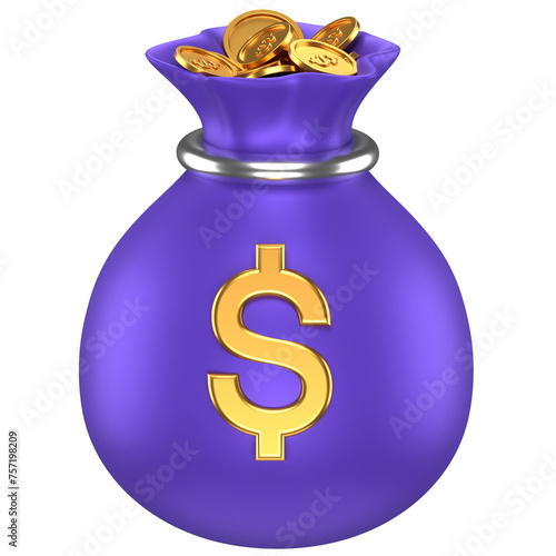 3d icon of a purple coin sack with golden dollar sign and gold coins 