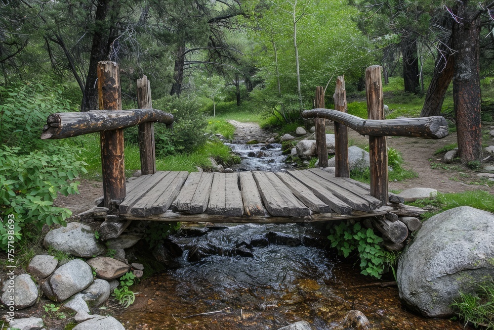 A wooden bridge spans over a flowing stream, surrounded by lush trees in a serene forest setting, Rustic wooden bridge crossing a babbling brook, AI Generated A wooden bridge spans over a flowing stream, surrounded by lush trees in a serene forest setting, Rustic wooden bridge crossing a babbling brook, AI Generated