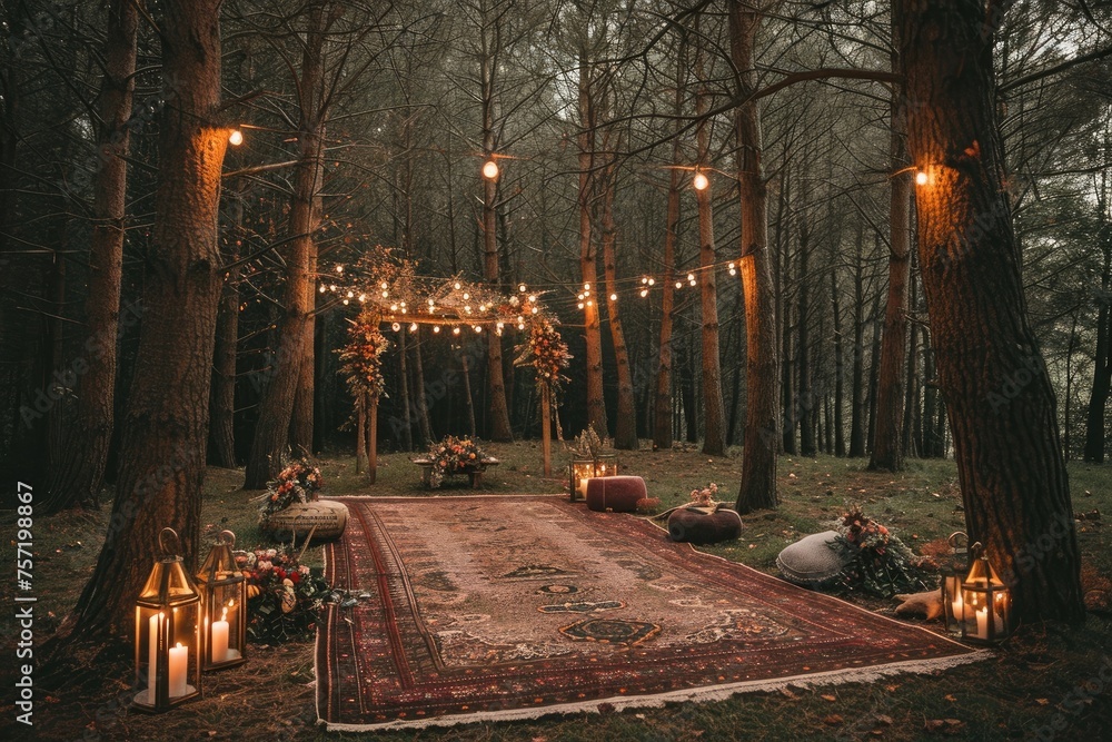 A rug lies on the forest floor, amidst towering trees and moss-covered rocks, Secluded forest clearing with an ethereal, twilight-styled wedding decor, AI Generated