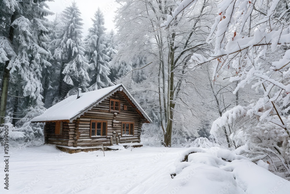 A log cabin surrounded by snow-covered trees stands in the heart of a wintry forest, Secluded log cabin in a snow-laden winter forest, AI Generated A log cabin surrounded by snow-covered trees stands in the heart of a wintry forest, Secluded log cabin in a snow-laden winter forest, AI Generated