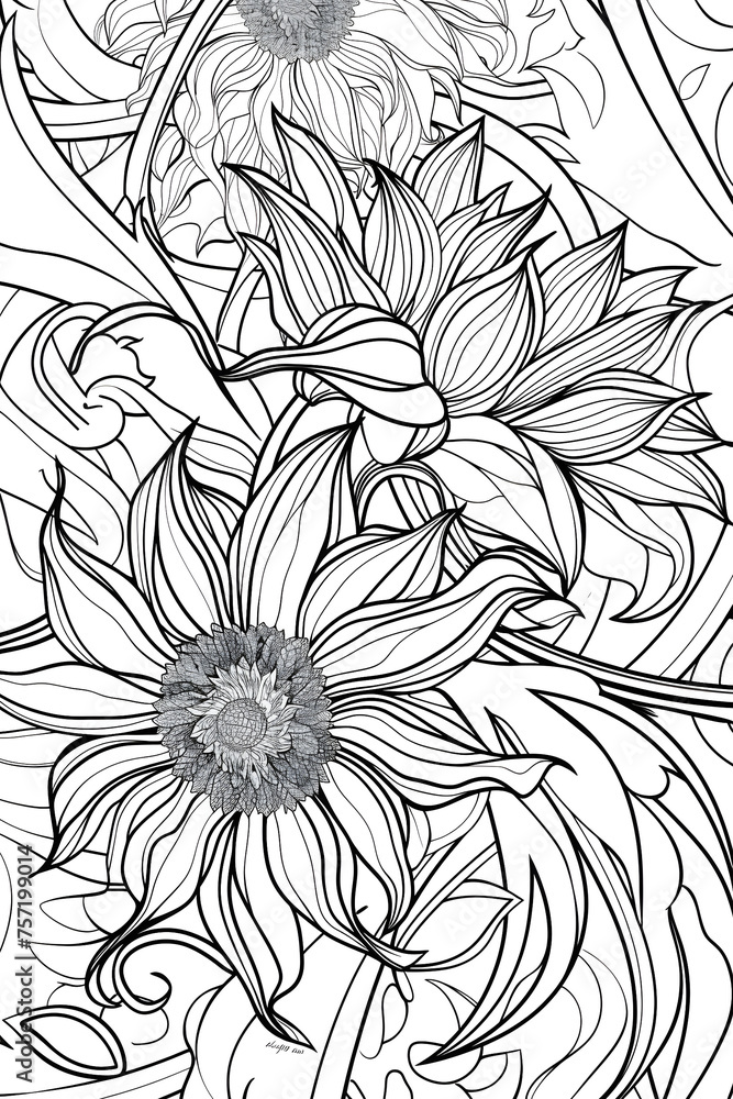 Monochromatic line art featuring intricate flower patterns with detailed petals and leaves