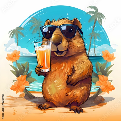 Cool funny summer animal. Copybara on the beach with cocktails. Vacation with animals. Summer vibe. Summer T-shirt print photo