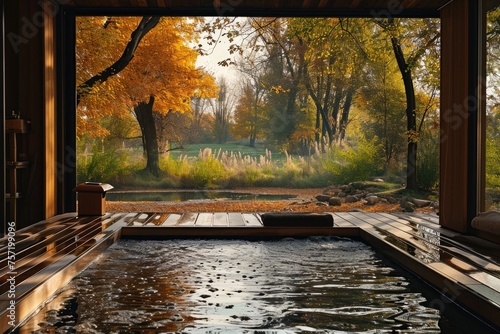 A hot tub filled with water sits on a deck overlooking a dense forest, providing a scenic view, Serene scenes from a wellness retreat, AI Generated © Ifti Digital