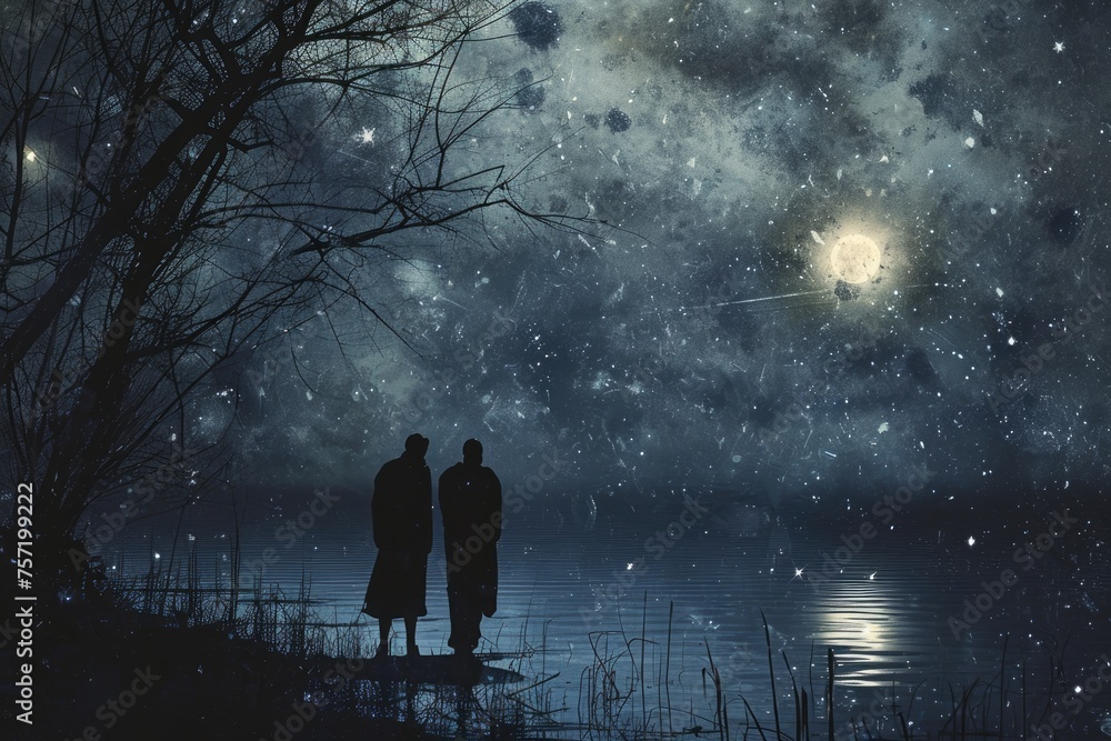 Two individuals standing together, looking up at the star-filled night sky, Shadowy figures standing near a gloomy lake under a starlit Halloween sky, AI Generated