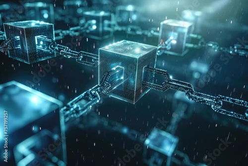 3D Image of a Block and Chain in the Rain, Shiny blocks interlinked together forming a chain, capturing the essence of blockchain, AI Generated photo
