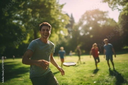 Friends playing frisbee in a park