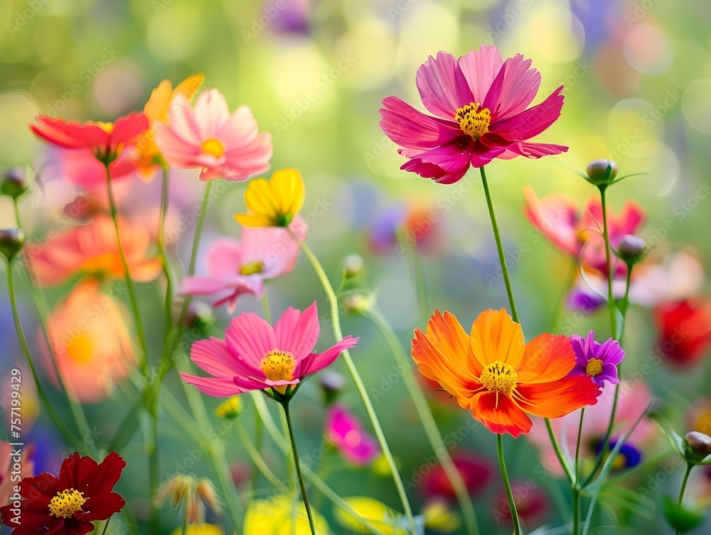 Celebrating the Delicate Beauty of Cosmos Flowers in Full Bloom under Soft Sunlight