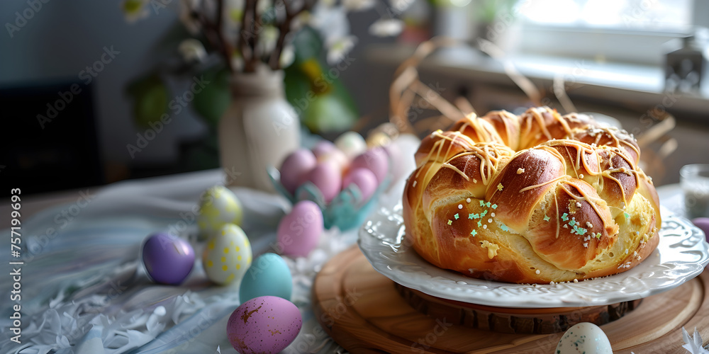 Festive Easter cake, flowers and eggs on the table. Concept template for Easter cards, posters and banner, spring style