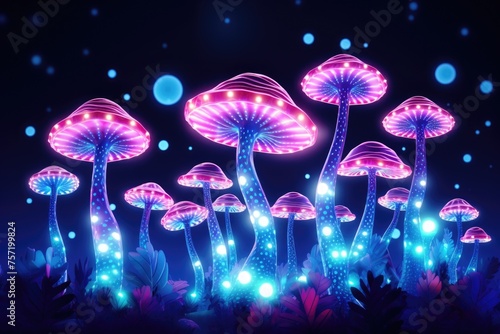 Mushroom. Fantasy Glowing Mushrooms in mystery dark forest close-up. Beautiful macro shot of magic mushroom, fungus. Border art design. Magic scene, light in night forest. Wide banner.