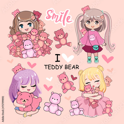 Cute set with cartoon little girls  in anime style with funny teddy bear toys. Kawaii style. Vector illustration t-shirt print. Funny Chibi little girl