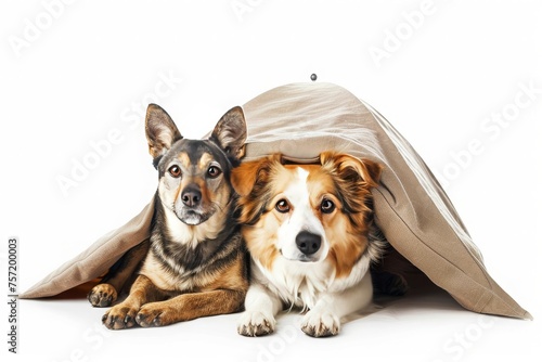 Two cute dogs sit under an utent on a white background. Pet insurance  care for pets  veterinary clinic  emergency animal assistance. Concept of health and life protection for dogs.