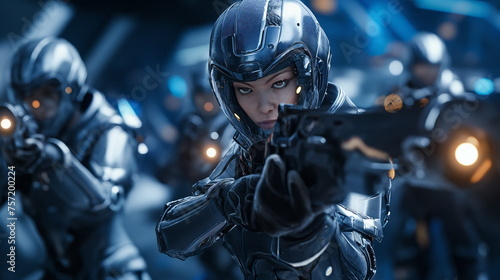 Intense female astronaut in helmet, woman holding a futuristic weapon, focused on a target, attentive gaze