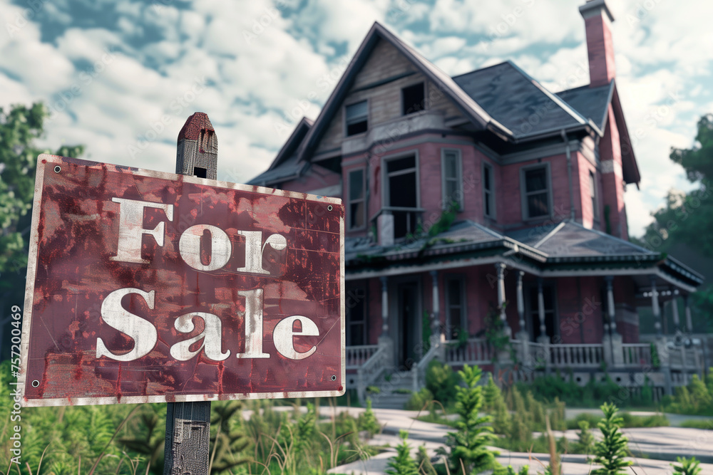 An old For Sale sign in front of an old house. Problems of secondary housing. Purchase and sale. Realtors